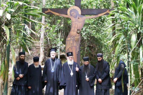 His Holiness with Bishop Irenej and the Pantanassa Monastery Brotherhood